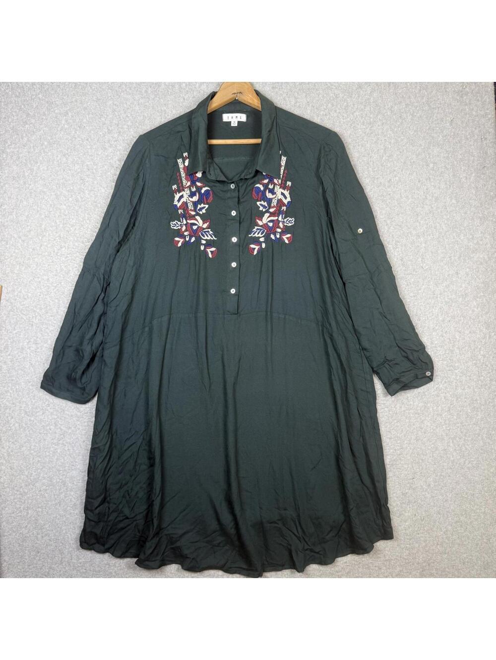 Anthropologie THML Embroidered Floral Tunic Dress Green Long Sleeve Size Large